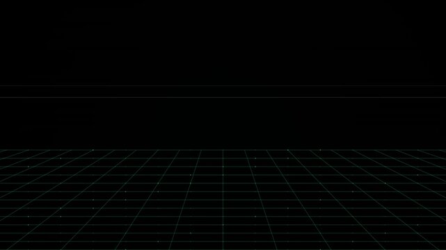 Green grid lines receding into black void with glowing nodes