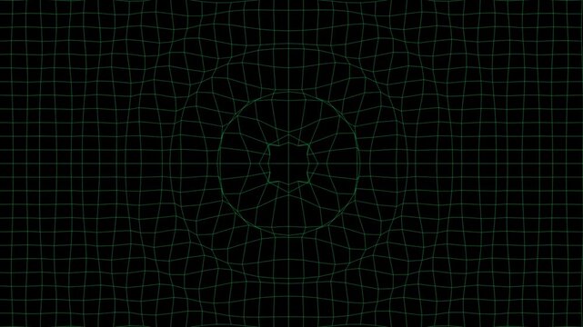 Green grid warps inward toward central geometric sphere on black background