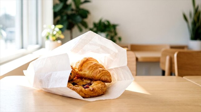 Blank white parchment paper bakery bag mockup holding a pastry on a sunny cafe table