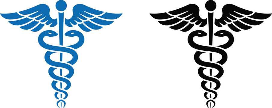 Caduceus medical symbol in vibrant blue and stark black, featuring intertwined snakes and winged staff, isolated