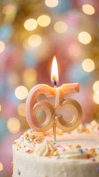 Festive 65th birthday celebration cake with a lit golden number candle, white frosting, and colorful sprinkles on a bokeh background