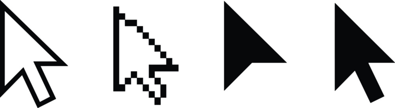 Four computer mouse cursor arrow in black and white, including a classic outline, pixelated, and solid fill styles