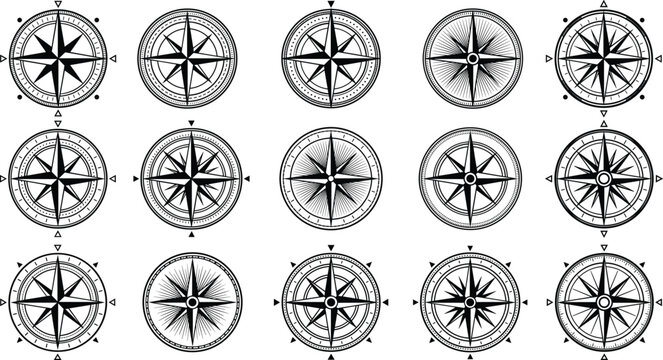 Vintage Compass Rose Wind Rose Icon Set with Nautical Navigation and Marine Map Elements for Travel Exploration and Adventure Graphic Designs
