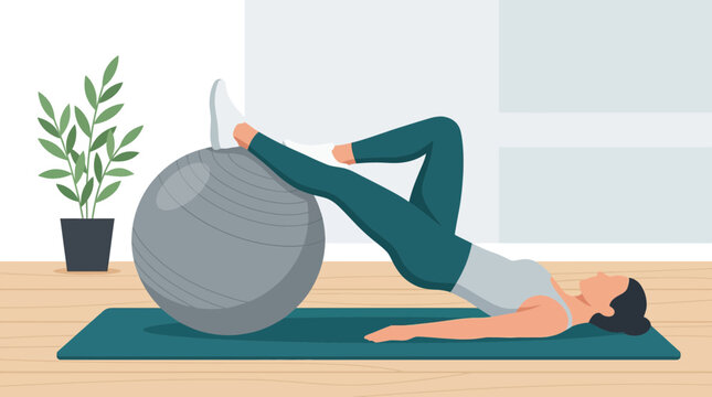 Woman doing bridge exercise with fitness ball, home workout, healthy lifestyle