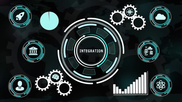Futuristic digital interface concept showcasing business integration with data analysis icons and glowing hud elements.