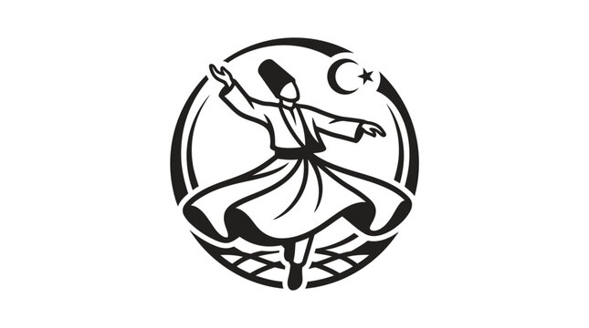 Whirling Dervish Dancer with Turkish Crescent Moon in Circle Emblem