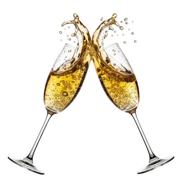 Two champagne glasses clinking together.