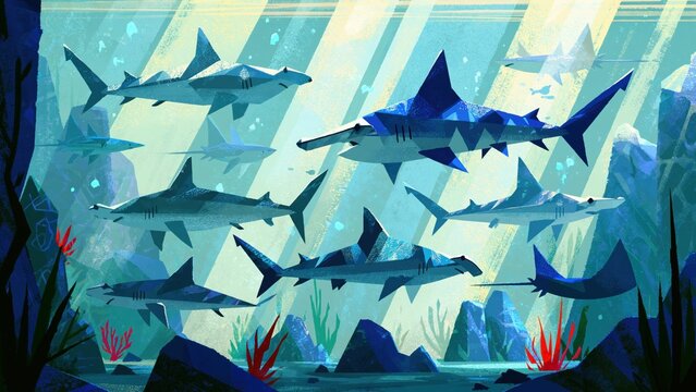 Stylized sharks and manta rays in bright shallow underwater reef.