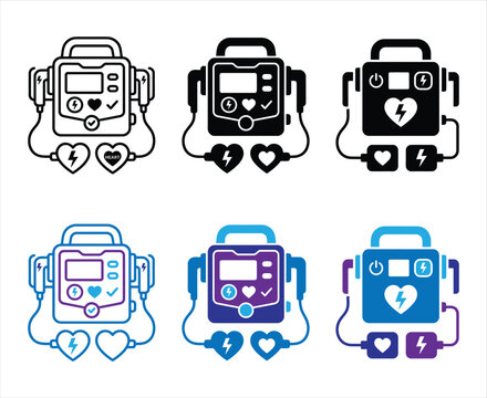 Defibrillator medical emergency device icon set with line, glyph and gradient style for heart.
