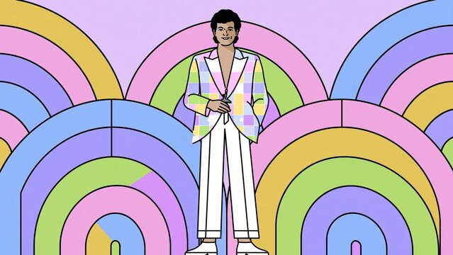 Man in colorful checkerboard suit standing by pastel rainbows.