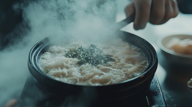 Delicious Steaming Hot Korean Rice Porridge Served in Traditional Black Pot with Dried Seaweed