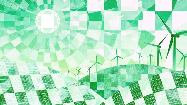 Abstract checkered green landscape featuring silhouette wind turbines.