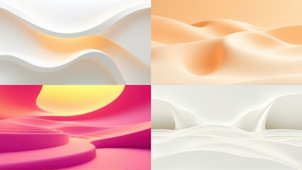 Fototapeta premium Abstract fluid shapes, soft colors, minimalist design. Four panels showcase varying hues, smooth gradients, gentle curves.