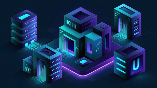 Isometric 3D server room data center with glowing neon lights.