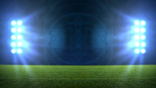stadium Moving lights, animated flash with people fans. 3d render illustration cloudy sunset