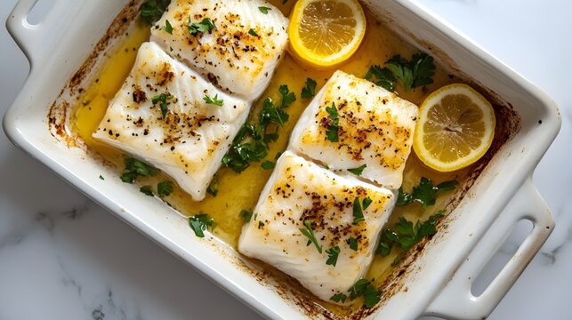Gourmet Oven Baked White Fish Fillets with Fresh Lemon, Parsley and Garlic Butter in a Ceramic Dish