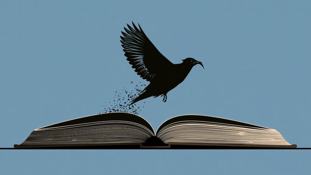Silhouette of a bird flying out of an open book.