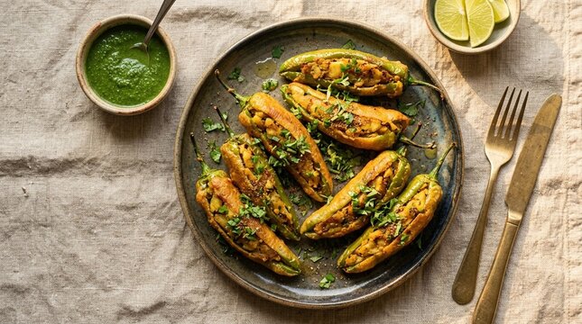 Bharwan mirch stuffed green chilies fried golden with a spiced potato filling | Indian Food Stock Photo for Commercial Use