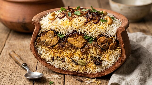Biryani rice grains layered with saffron-infused chicken and caramelised fried onions | Indian Food Stock Photo for Commercial Use