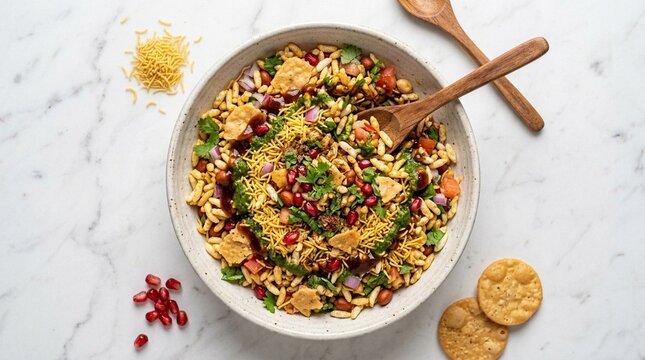 Bhel puri crunchy and colourful mixed with puffed rice sev and tangy chutneys | Indian Food Stock Photo for Commercial Use