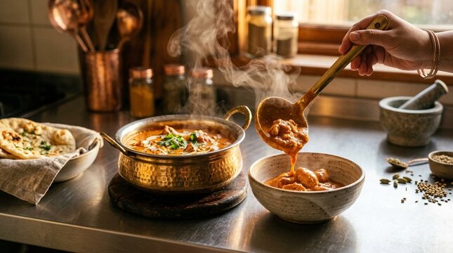 Creamy butter chicken ladled from a brass handi with steam rising into the air | Indian Food Stock Photo for Commercial Use