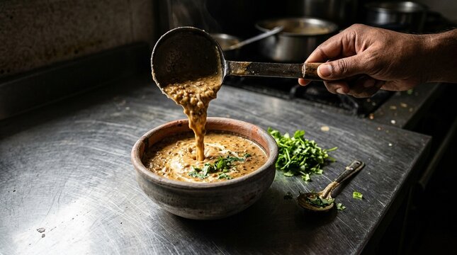 Creamy urad dal ladled into a clay bowl with a garnish of fresh coriander | Indian Food Stock Photo for Commercial Use