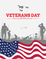 Fototapeta premium Veteran's day silhouette vector illustration with american flag and soldiers.