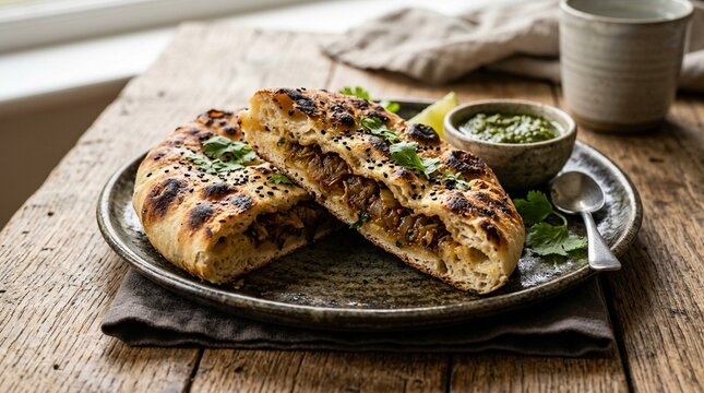 Kulcha stuffed with spiced onion filling and charred on the surface | Indian Food Stock Photo for Commercial Use