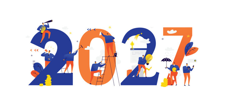 New year 2027. Meeting the new year. Vector. Business people celebrate Christmas and New Year. New Horizons. Preparation for the holiday. Business metaphors. Businessmen in different situations.