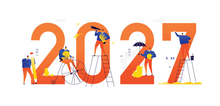 Illustrations of the new 2027. Meeting the new year. Vector. Business people achieve their goals and make a career. Search for ideas. Solving tasks and problems. Business metaphors. Businessmen 