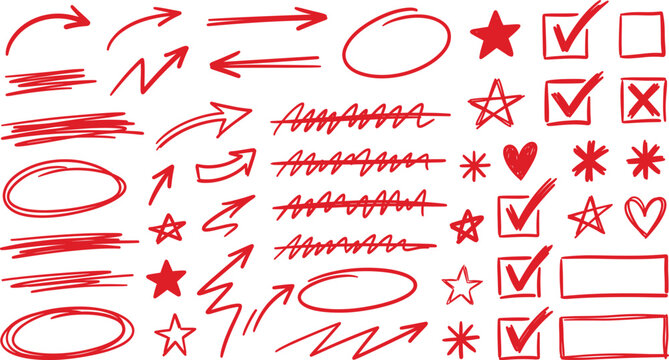 Hand Drawn Red Marker Pen Icon Mega Set with Arrow Pointers Correction Highlights Checkmarks Stars and Circle Border Frames for Document Proofreading Designs
