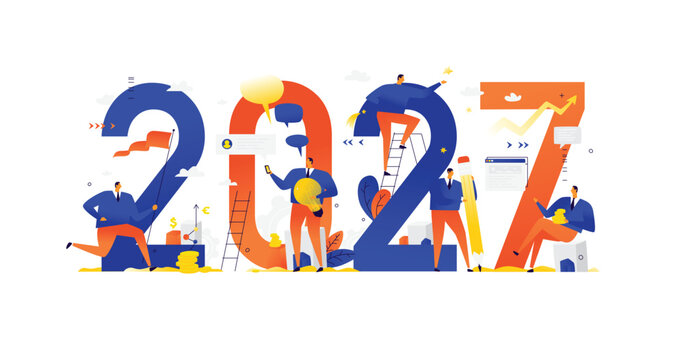 New year 2027. Meeting the new year. Vector. Business people greet Christmas and New Year. New Horizons. Preparation for the holiday. Business metaphors. Businessmen in different situations. Ideas and