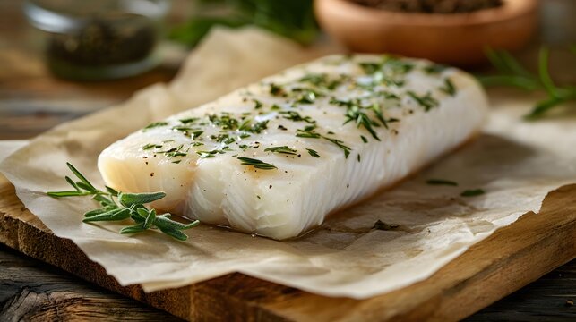 Fresh Raw White Fish Fillet Seasoned with Mediterranean Herbs and Black Pepper on Parchment Paper