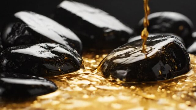 Golden Oil Pouring Over Black Zen Stones