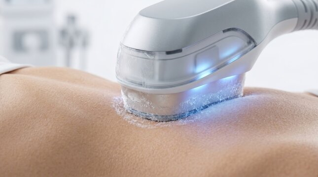 Close up of cryolipolysis fat freezing treatment with cooling applicator on patient body, non-invasive body contouring concept