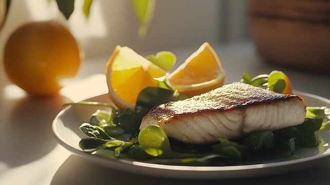 Grilled White Fish Fillet with Fresh Green Salad and Citrus Slices on a Plate in Sunny Kitchen