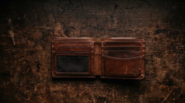 Empty Brown Leather Wallet Open on Wooden Table