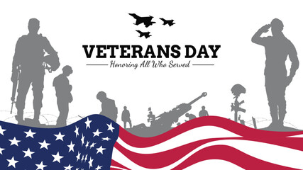 Fototapeta premium Veteran's day silhouette vector illustration with american flag and soldiers.