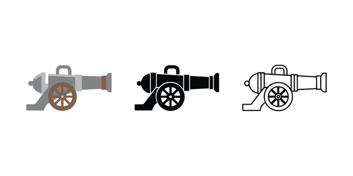 Three cannons in different colors and line styles guns artillery gray brown, commando concept, vector illustration isolated on white background.