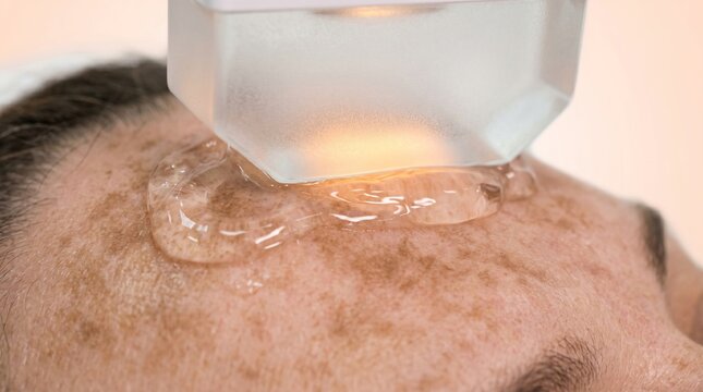 Close up of intense pulsed light IPL laser device treating skin hyperpigmentation and freckles with clear coupling gel