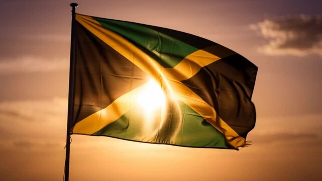 Jamaican flag waving during a golden hour sunset