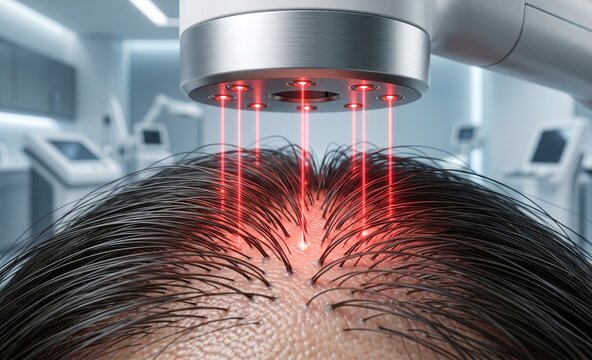 Close up of low level laser therapy LLLT device emitting red light beams on human scalp for hair growth treatment