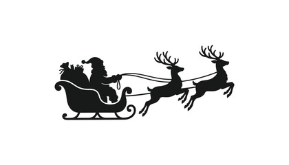 Santa Claus flying in sleigh full of gifts pulled by flying reindeer silhouette isolated on white background vector illustration. © MdEajdani