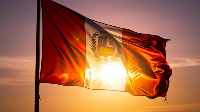 National flag of peru waving in the wind against a golden sunset sky