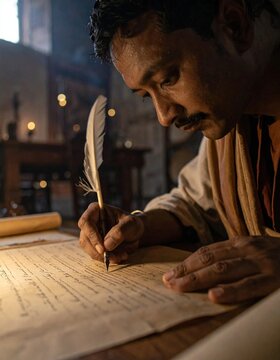 Ancient Scribe Writing with Quill Pen on Parchment Scroll.
