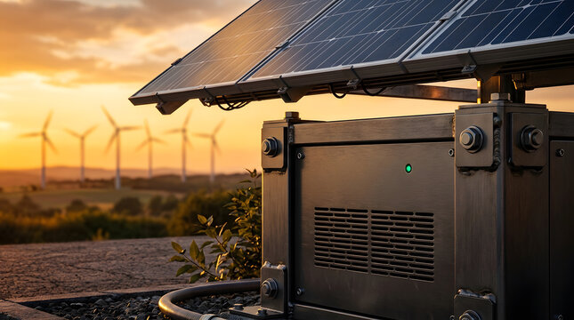Off grid renewable power system combining solar panels and heavy duty battery storage against sunset landscape