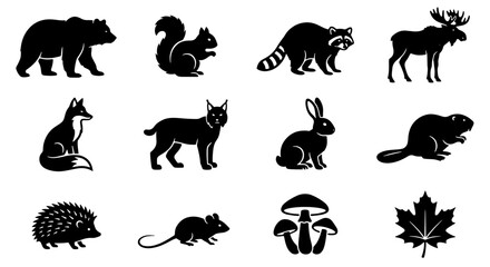 Obraz premium 70 Forest Wildlife Silhouette Icons: Bear, Squirrel, Fox, Moose, Rabbit, Beaver, Hedgehog, Mouse, Raccoon, Cat, Mushroom, Maple Leaf Vector Set for Nature Design 100