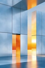 Obraz premium Minimal modern architecture with reflective brushed metal panels and warm golden light