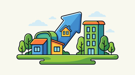 Fototapeta premium Houses and apartment building on green land with upward arrow