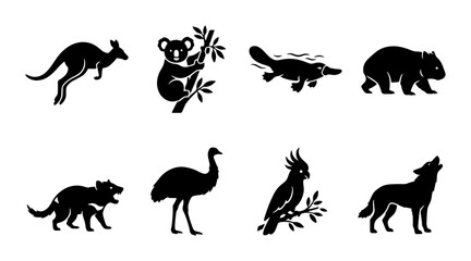 Fototapeta premium 70 Australian Wildlife Silhouette Icons: Kangaroo, Koala, Platypus, Wombat, Tasmanian Devil, Emu, Cockatoo, Dingo Vector Set 100